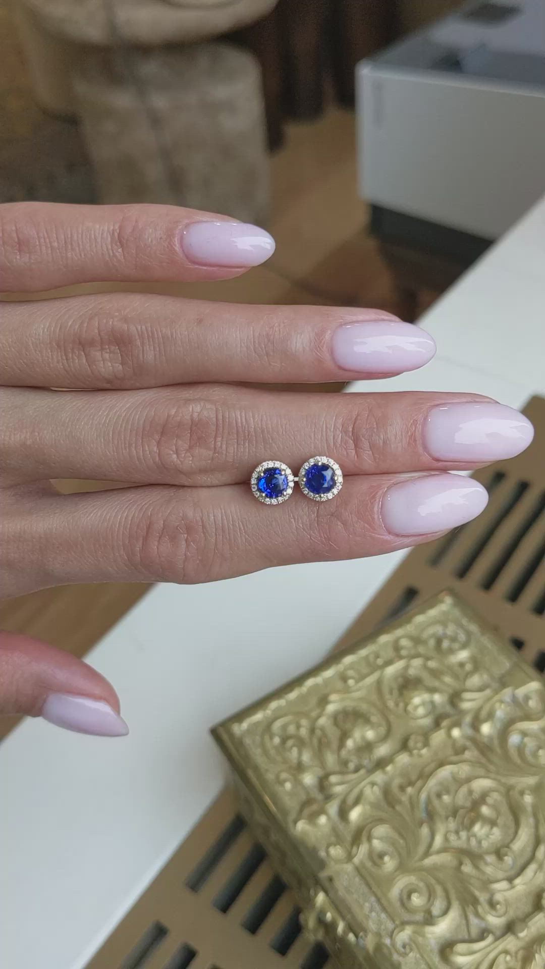 1.25&nbsp;Ct.Tw.Total Carat Weight Blue Sapphire and Natural Diamond Pave Earrings, 18K Yellow Gold Size Video