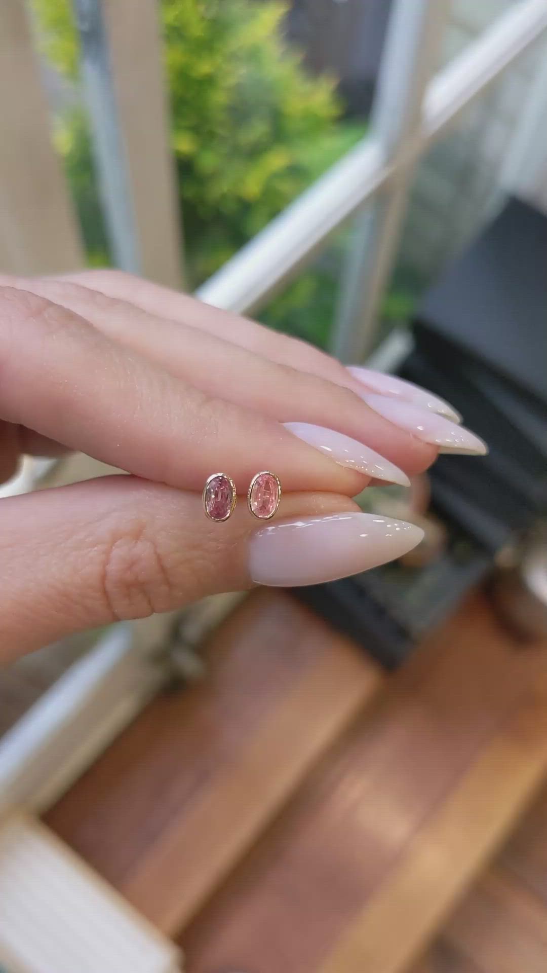 0.50 Ct.Tw. Padparadscha Sapphire Studs Earrings, 14K Rose Gold Size Video