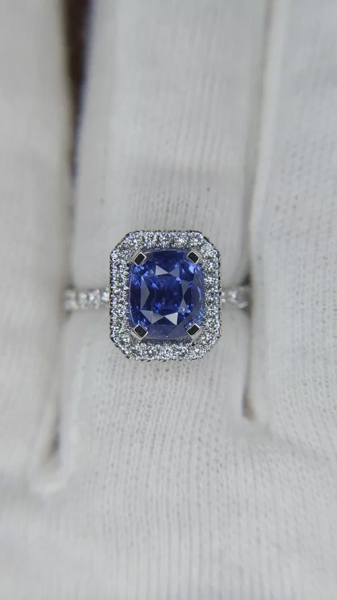 2.67 Ct. Blue Sapphire and Natural Diamond Pave Ring, Platinum 950 Size Video