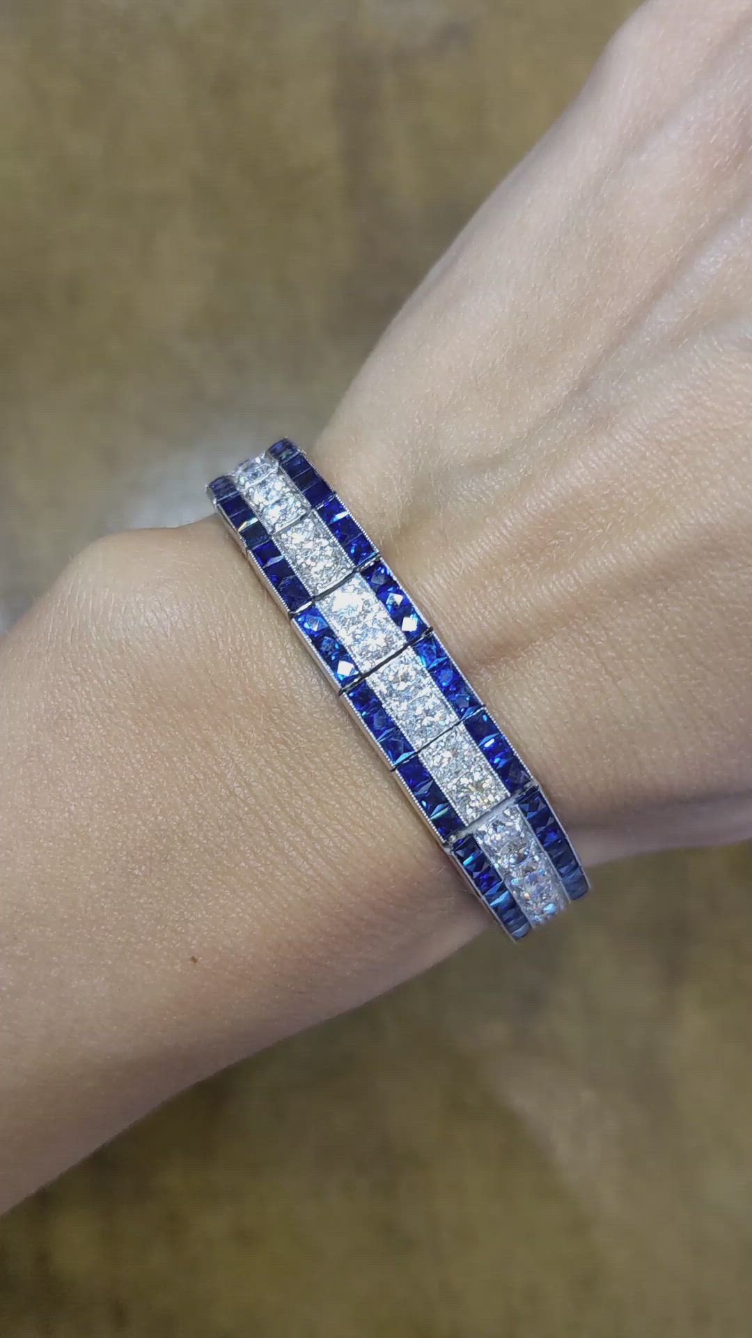 11.88 Ct.Tw. Blue Sapphire and Natural Diamond Tennis/Line Bracelet, Platinum 950 Size Video