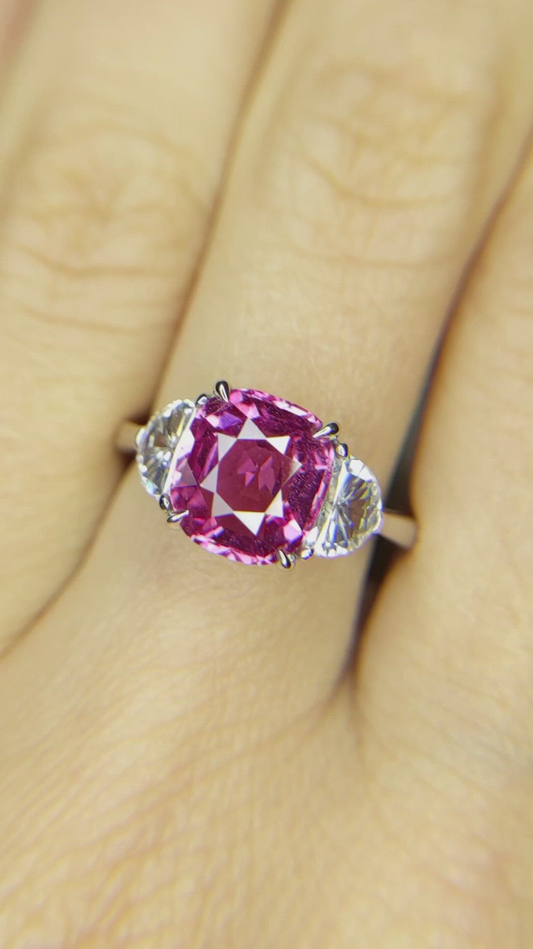 2.93 Ct. Pink Sapphire and Natural Diamond Three Stone Ring, Platinum 950 Size Video