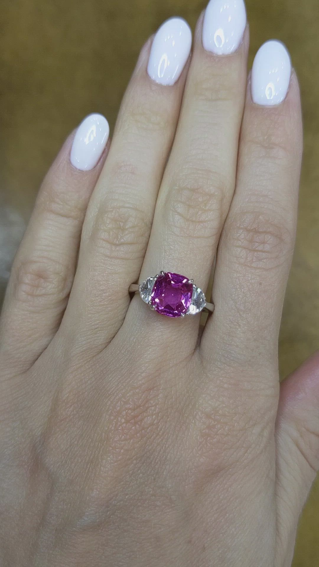 2.93 Ct. Pink Sapphire and Natural Diamond Three Stone Ring, Platinum 950 Size Video