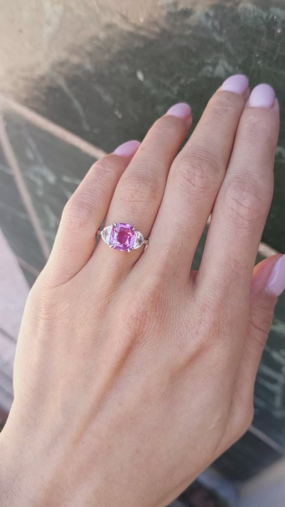 2.93 Ct. Pink Sapphire and Natural Diamond Three Stone Ring, Platinum 950 Size Video