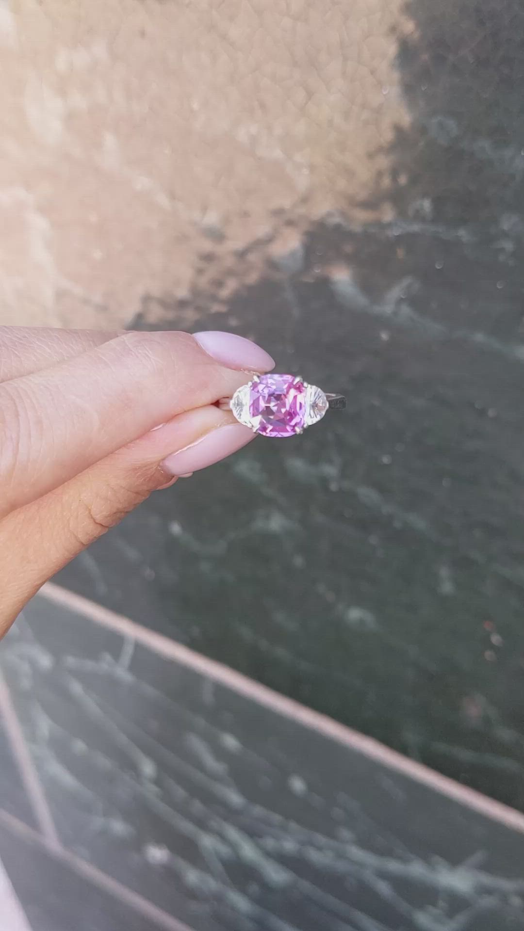 2.93 Ct. Pink Sapphire and Natural Diamond Three Stone Ring, Platinum 950 Size Video