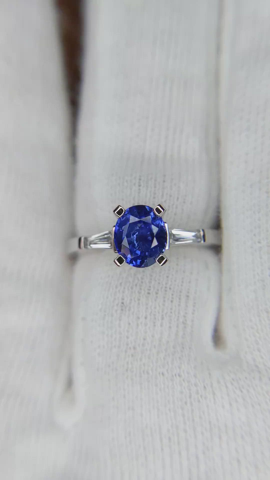 1.35 Ct. Blue Sapphire and Natural Diamond Three Stone Ring, Platinum 950 Size Video