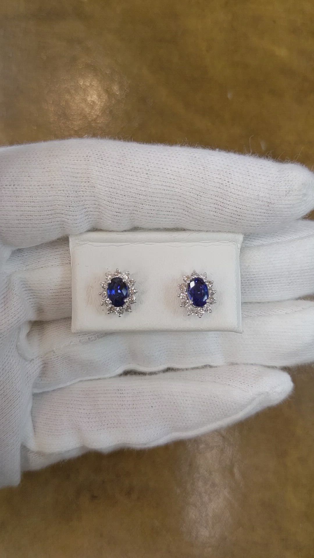 1.00 Ct.Tw. Blue Sapphire and Natural Diamond Halo Earrings, 18K White Gold Size Video
