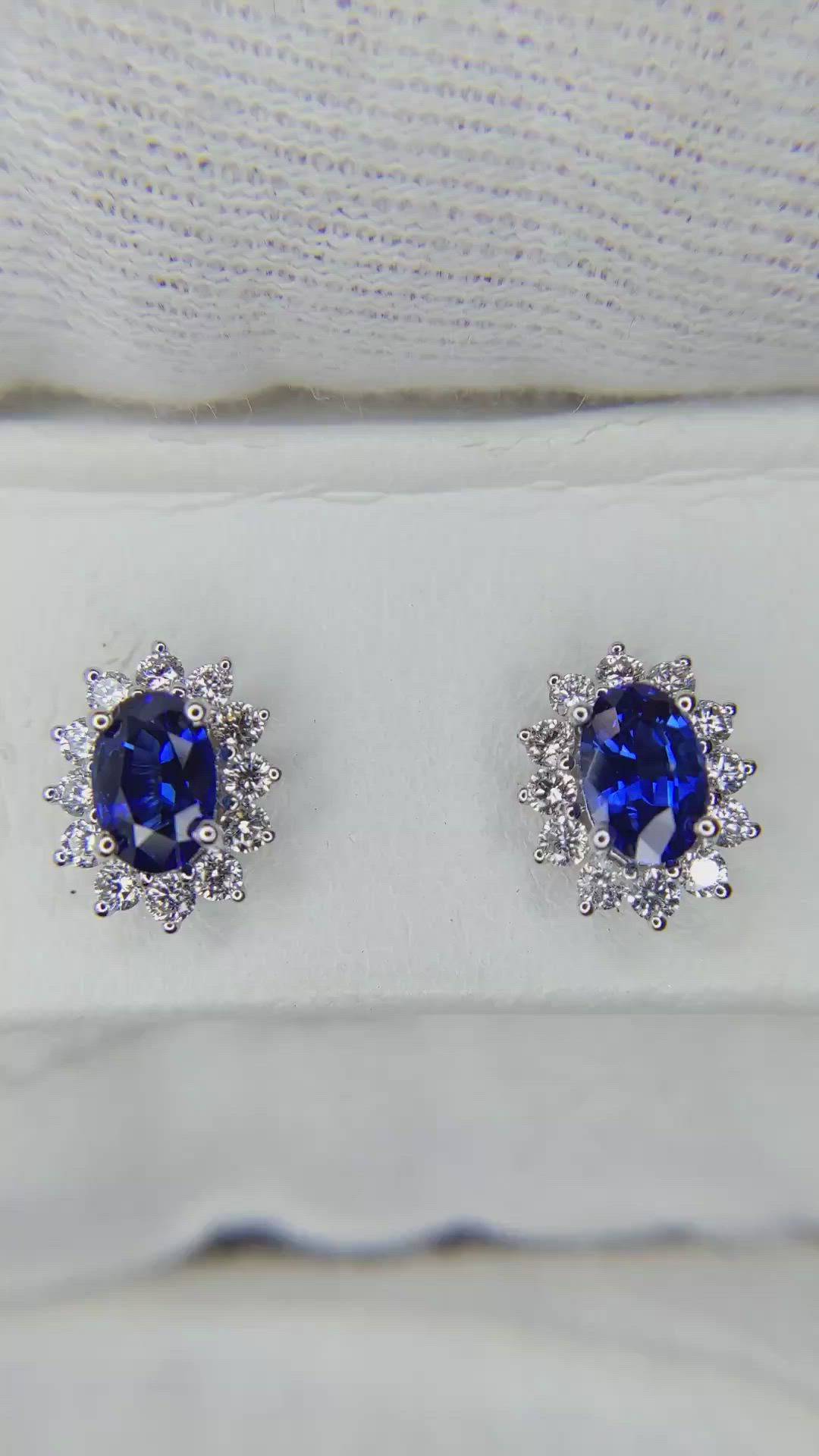 1.00 Ct.Tw. Blue Sapphire and Natural Diamond Halo Earrings, 18K White Gold Size Video