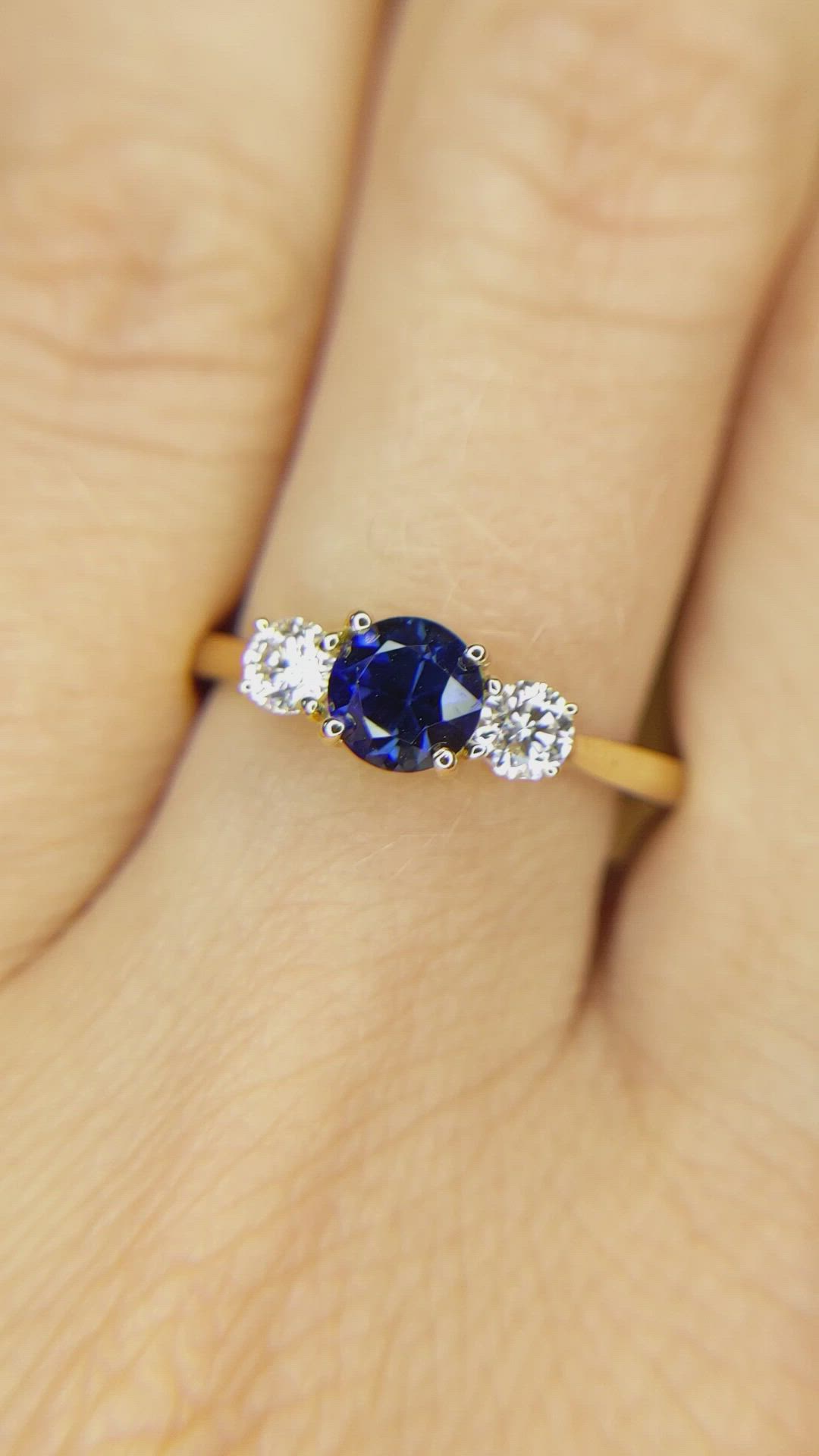 0.63 Ct. Blue Sapphire and Natural Diamond Three Stone Ring, 18K Yellow Gold Size Video