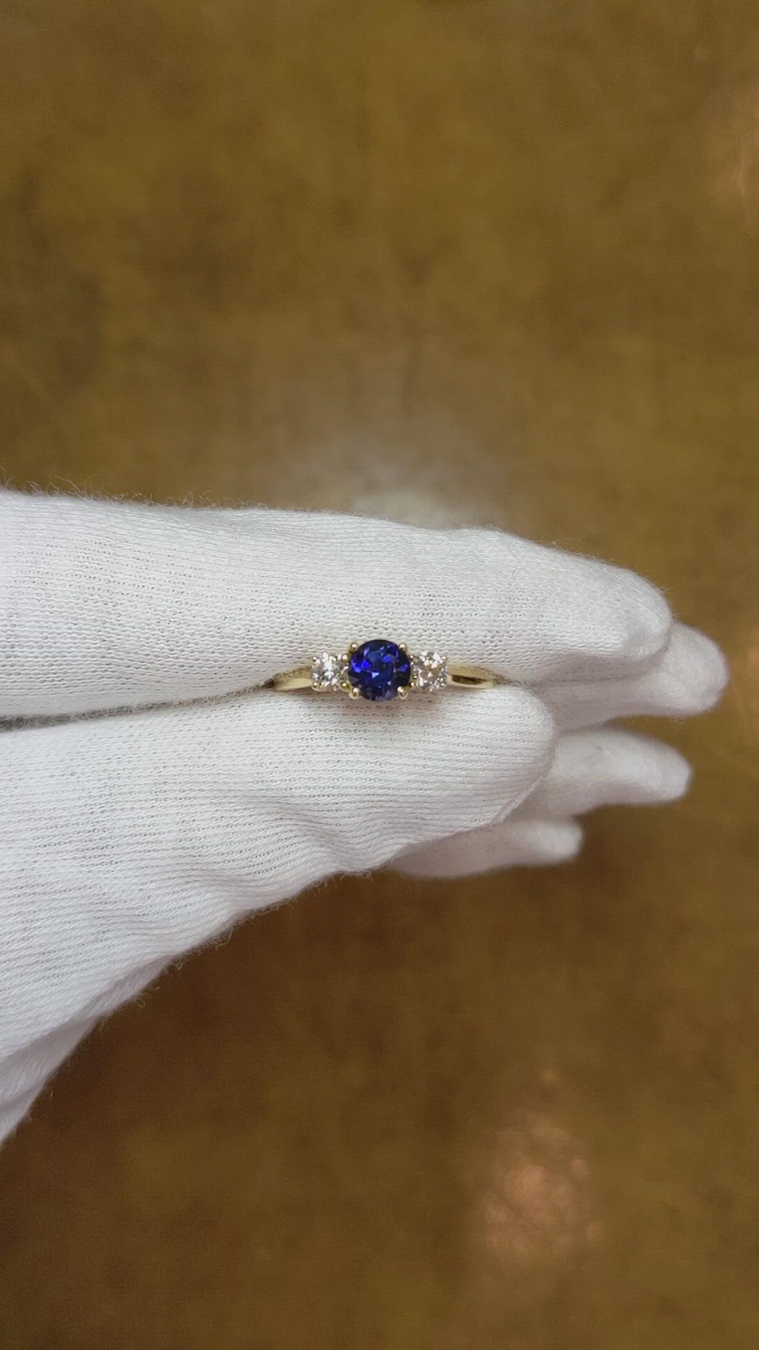0.63 Ct. Blue Sapphire and Natural Diamond Three Stone Ring, 18K Yellow Gold Size Video