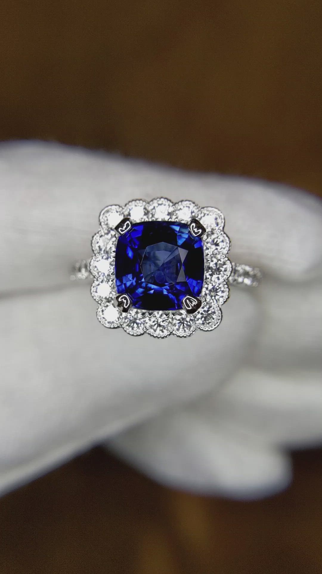 3.21 Ct. Sapphire Natural Diamond Halo Ring, Platinum 950 Size Video