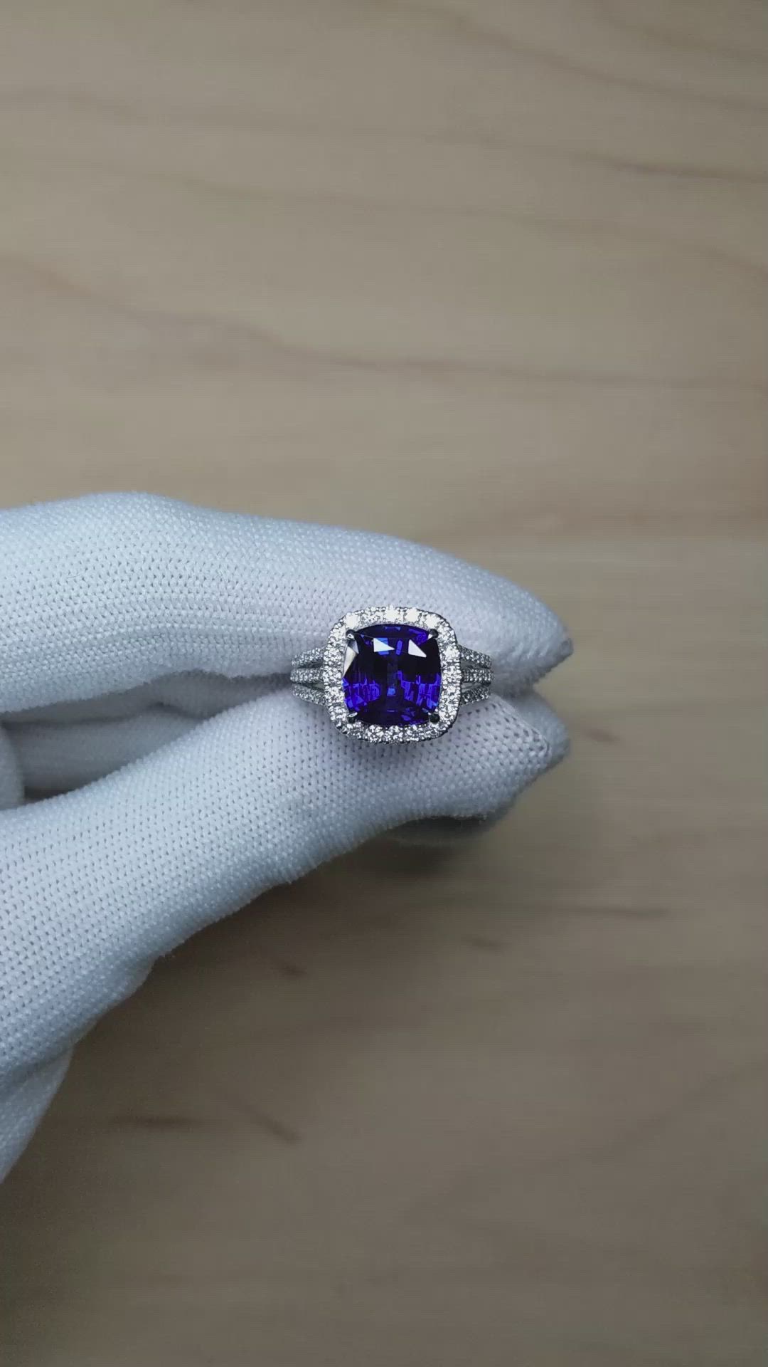 4.11 Ct. Blue Sapphire and Natural Diamond Pave Ring, Platinum 950 Size Video