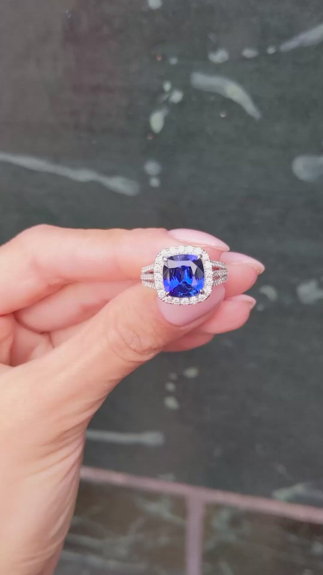 4.11 Ct. Blue Sapphire and Natural Diamond Pave Ring, Platinum 950 Size Video