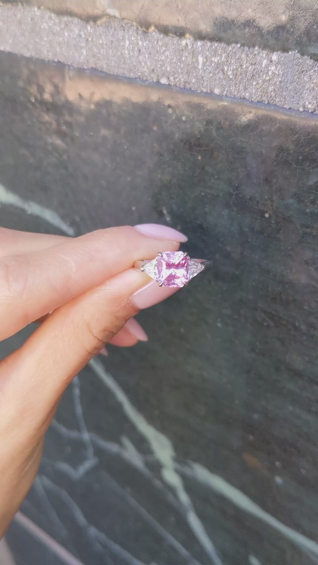 3.59 Ct. Pink Sapphire and Natural Diamond Three Stone Ring, Platinum 950 Size Video