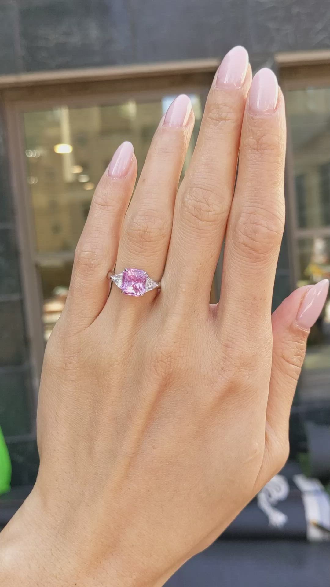 3.59 Ct. Pink Sapphire and Natural Diamond Three Stone Ring, Platinum 950 Size Video