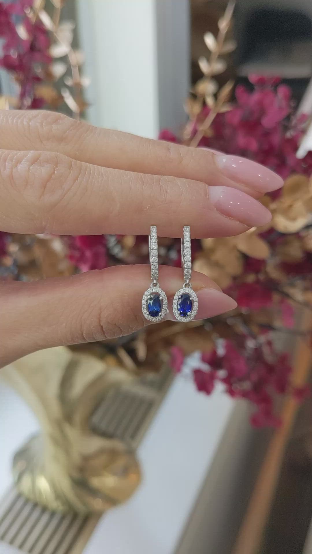 0.60&nbsp;Ct.Tw.Total Carat Weight Blue Sapphire and Natural Diamond Pave Earrings, 14K White Gold Size Video