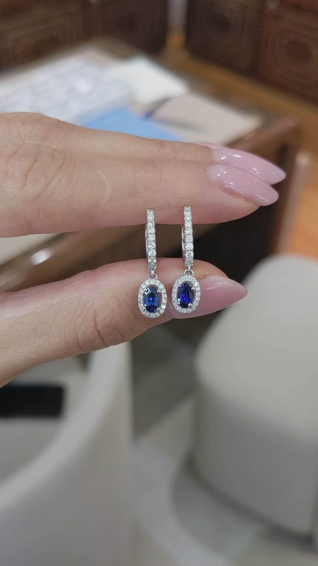 0.60&nbsp;Ct.Tw.Total Carat Weight Blue Sapphire and Natural Diamond Pave Earrings, 14K White Gold Size Video