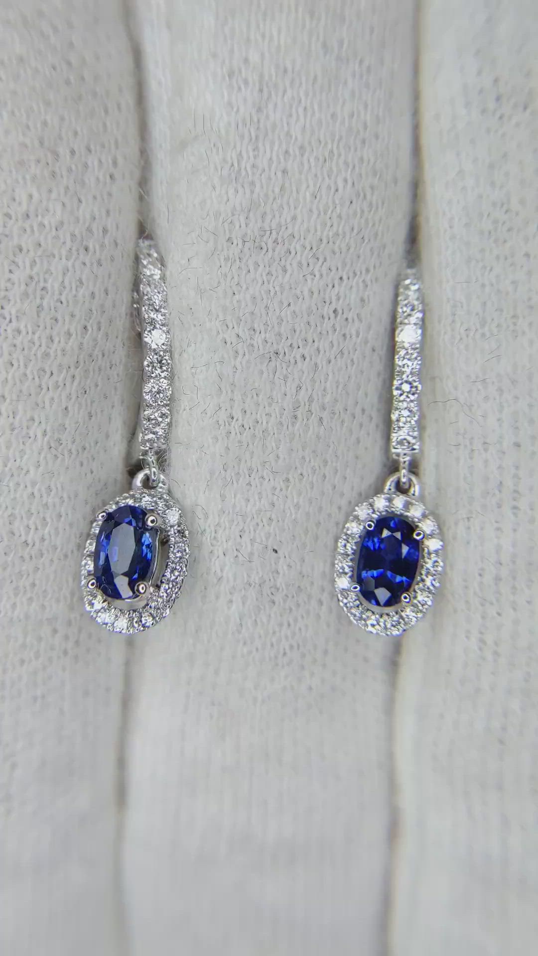 0.60&nbsp;Ct.Tw.Total Carat Weight Blue Sapphire and Natural Diamond Pave Earrings, 14K White Gold Size Video