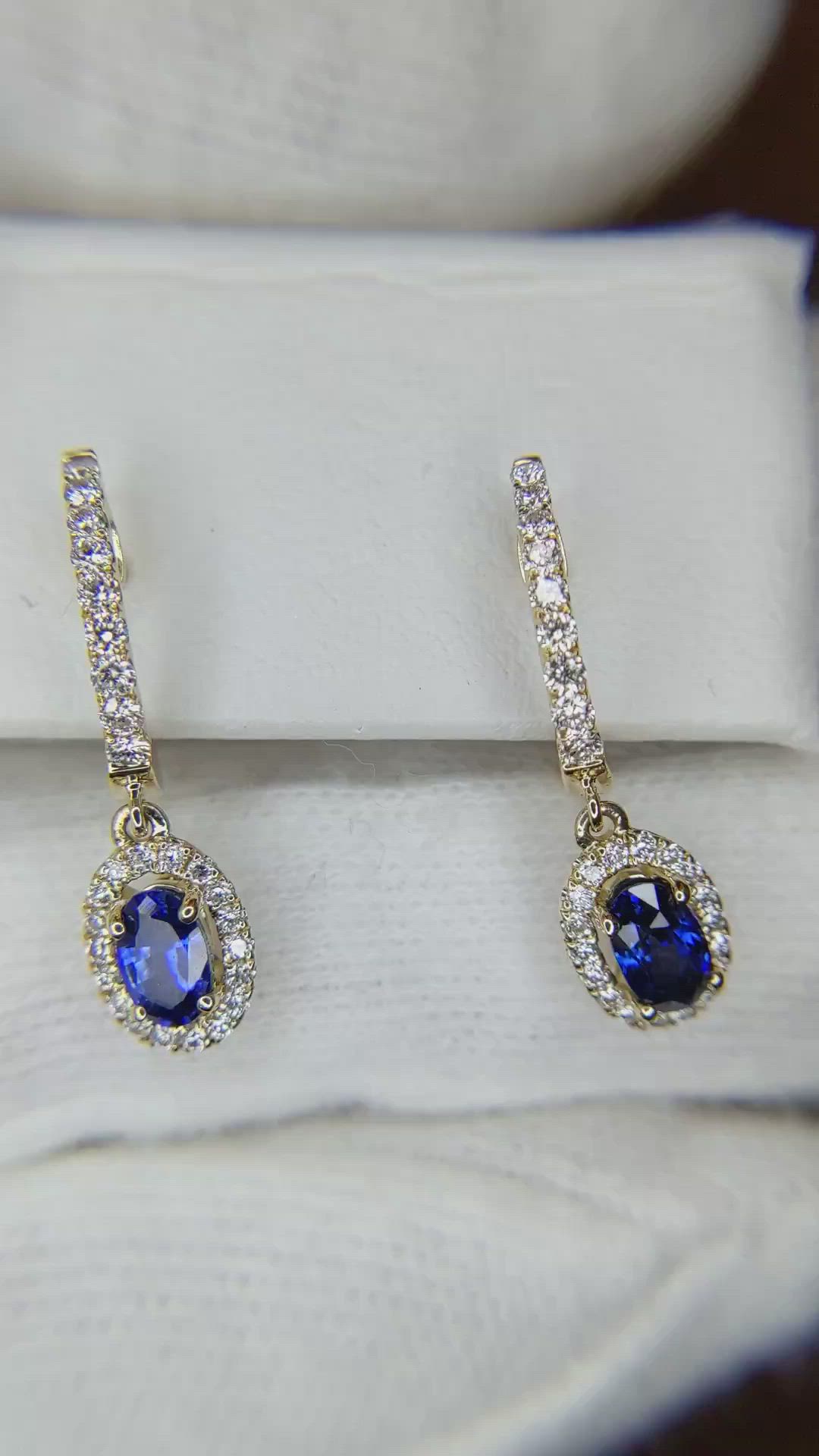 0.60 Ct.Tw. Blue Sapphire and Natural Diamond Pave Earrings, 14K Yellow Gold Size Video