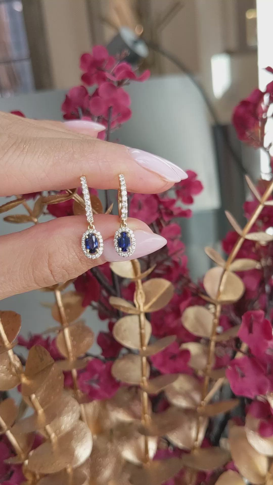 0.60&nbsp;Ct.Tw.Total Carat Weight Blue Sapphire and Natural Diamond Pave Earrings, 14K Yellow Gold Size Video