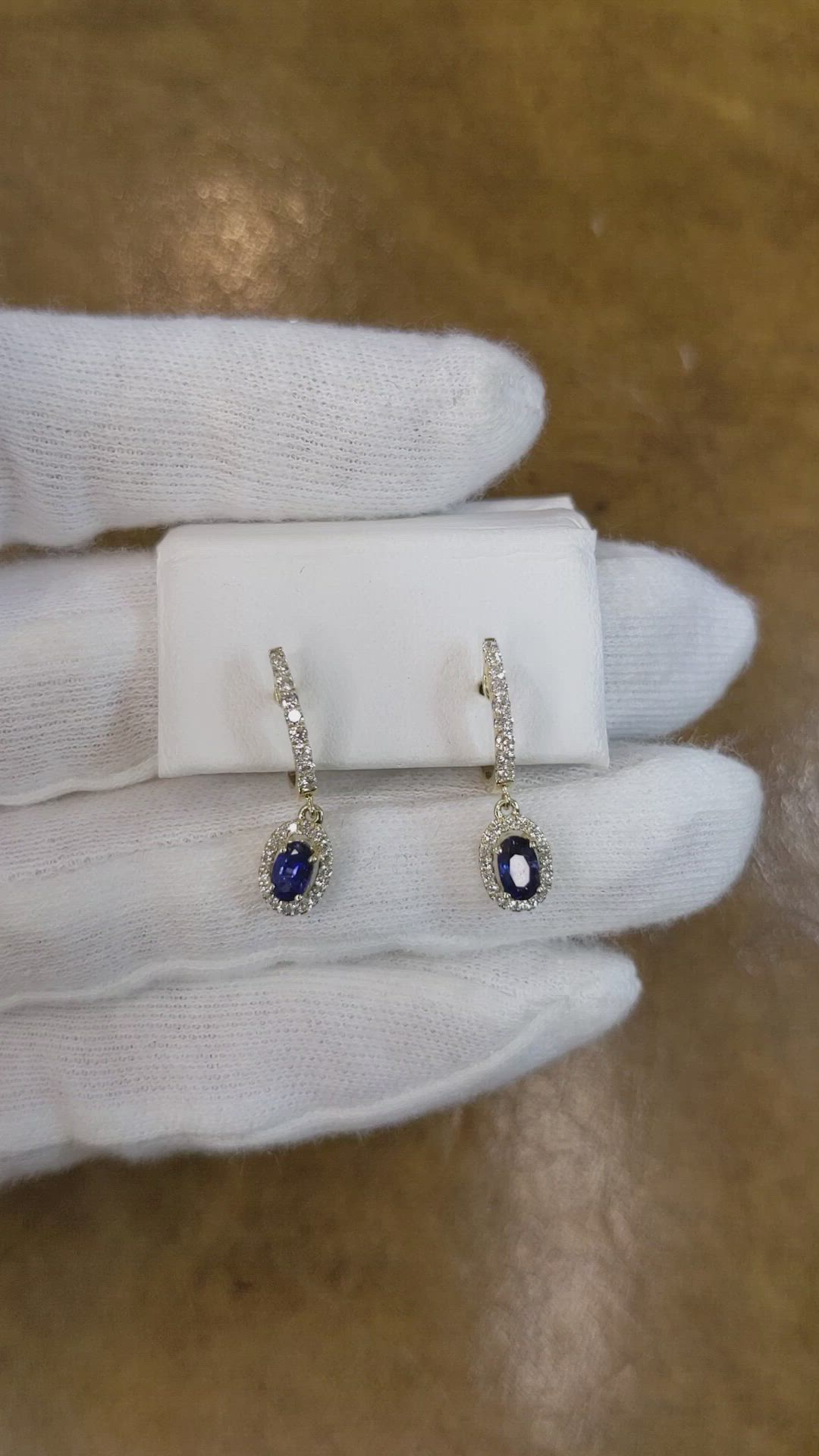 0.60 Ct.Tw. Blue Sapphire and Natural Diamond Pave Earrings, 14K Yellow Gold Size Video
