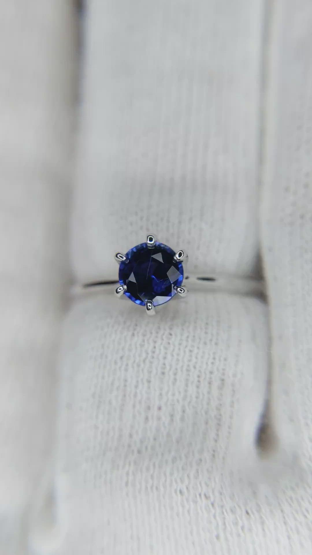 0.65 Ct. Blue Sapphire Solitaire Ring, 14K White Gold Size Video