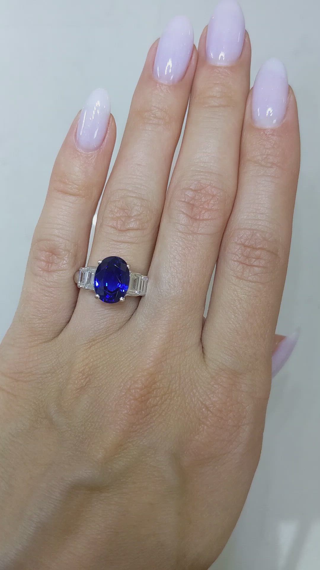 4.74 Ct. Blue Sapphire and Natural Diamond Three Stone Ring, Platinum 950 Size Video