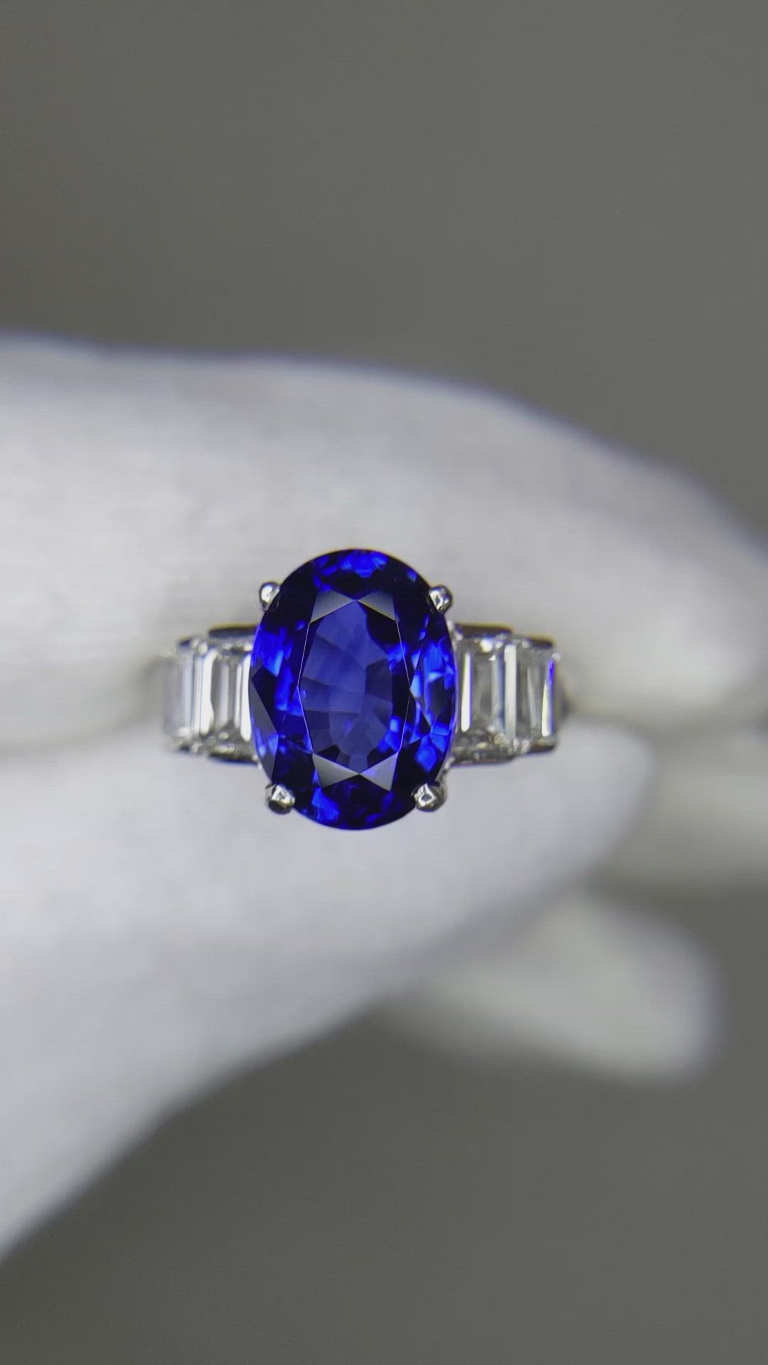 4.74 Ct. Blue Sapphire and Natural Diamond Three Stone Ring, Platinum 950 Size Video