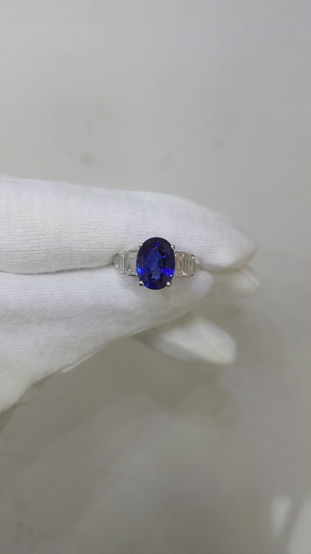 4.74 Ct. Blue Sapphire and Natural Diamond Three Stone Ring, Platinum 950 Size Video