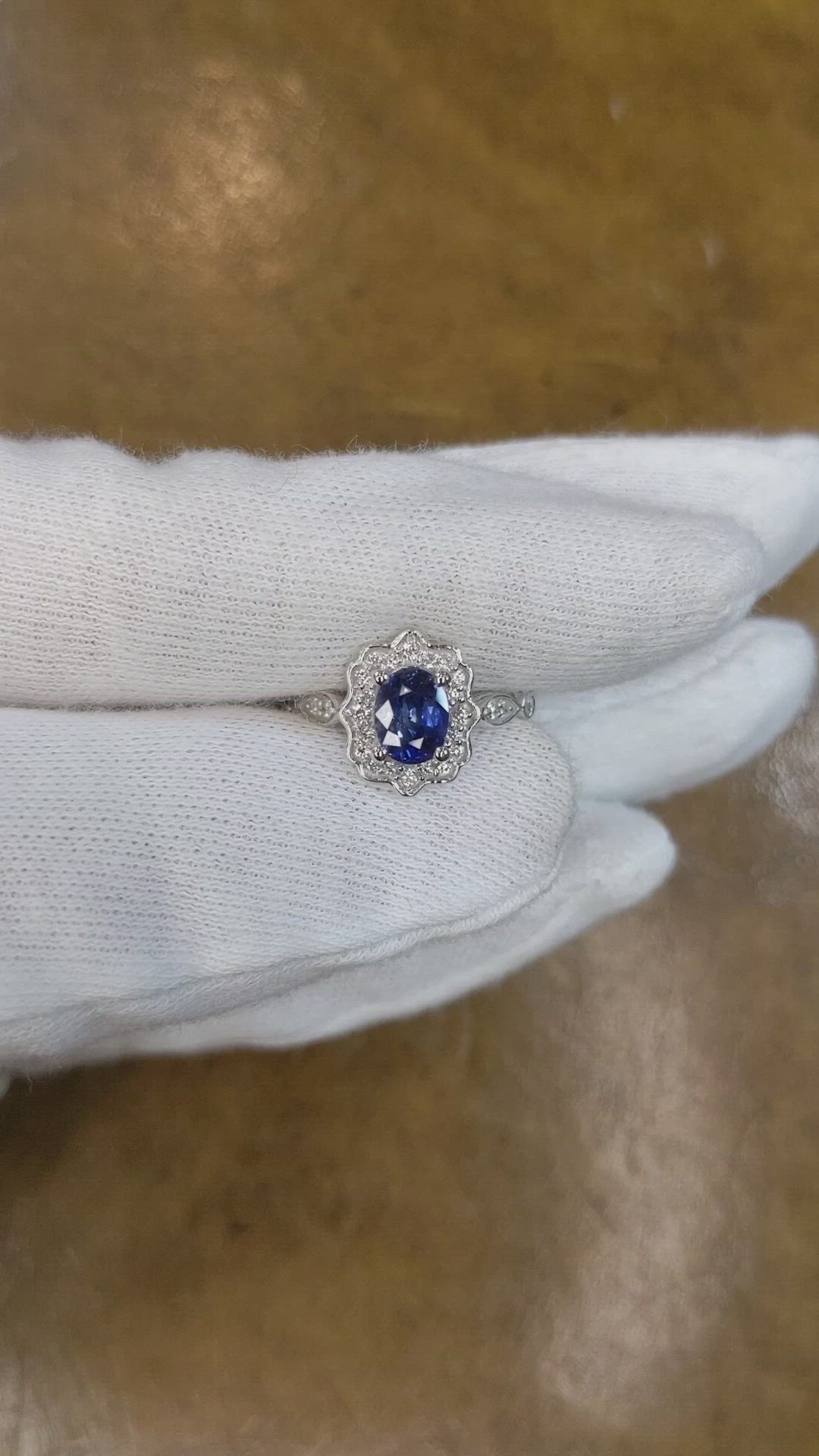 1.06 Ct. Blue Sapphire and Natural Diamond Antique Style Ring, 14K White Gold Size Video