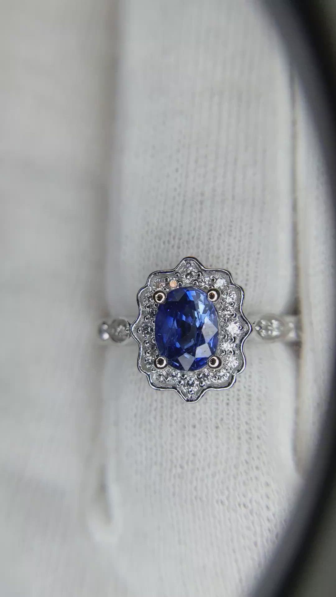 1.06 Ct. Blue Sapphire and Natural Diamond Antique Style Ring, 14K White Gold Size Video