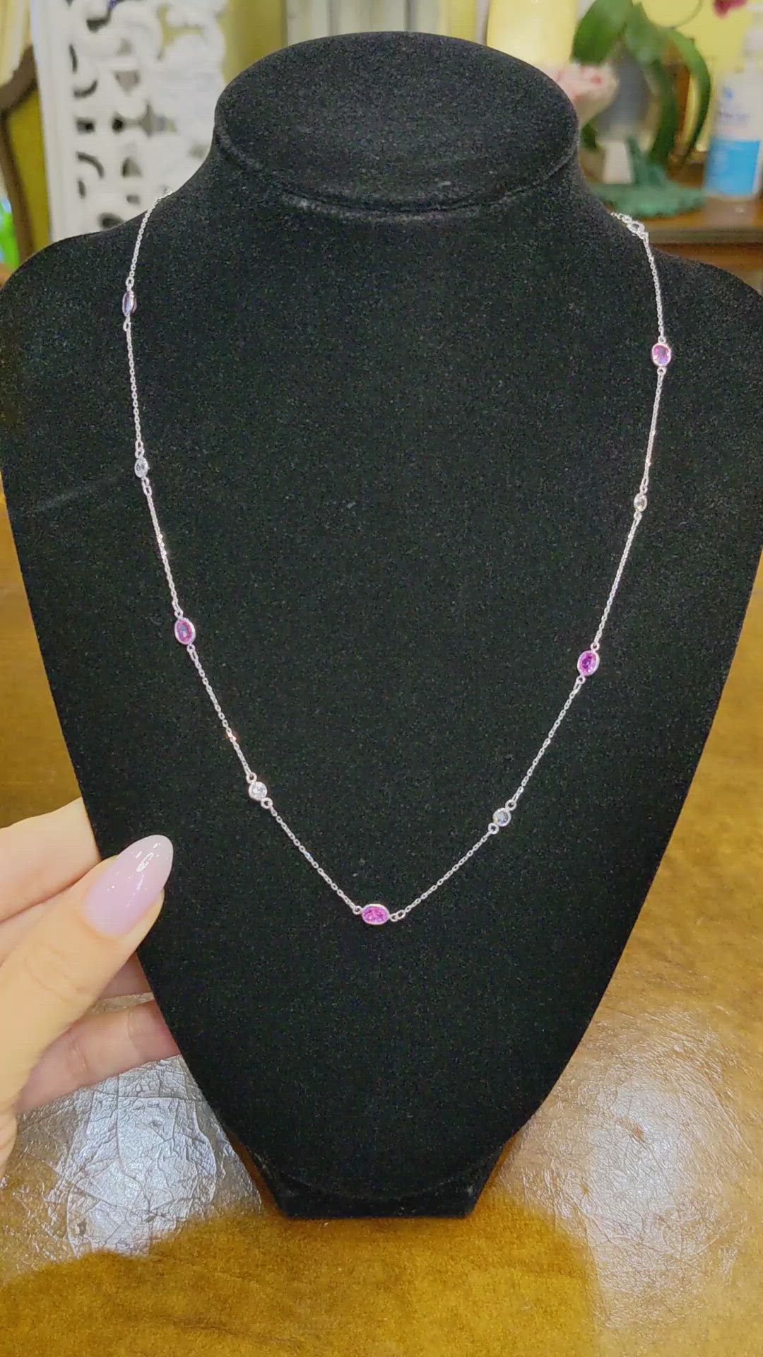 1.50 Ct. Pink Sapphire and White Sapphire Accent Stones Necklace, 18K White Gold Size Video