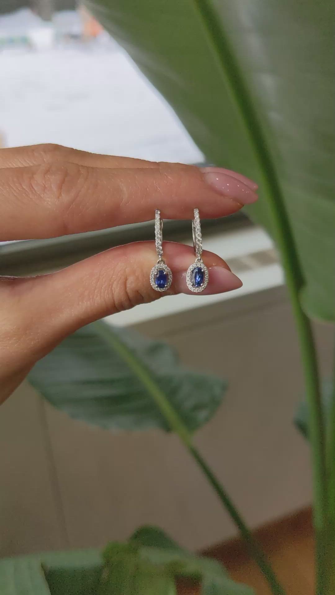 0.55 Ct.Tw.Total Carat Weight Blue Sapphire and Natural Diamond Pave Earrings, 14K White Gold Size Video