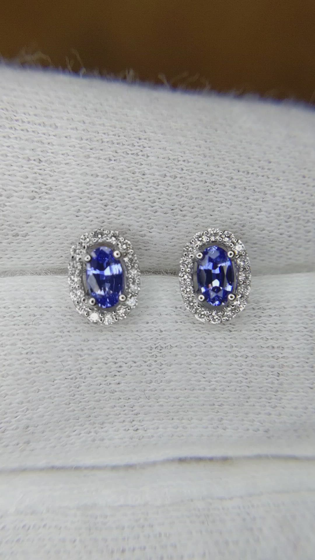 0.55 Ct.Tw.Total Carat Weight Blue Sapphire and Natural Diamond Pave Earrings, 14K White Gold Size Video