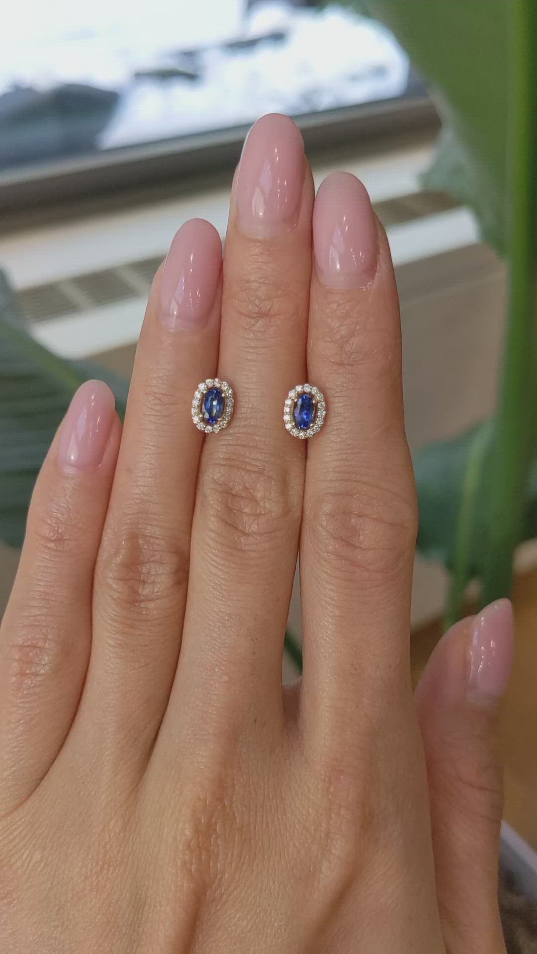 0.55 Ct.Tw.Total Carat Weight Blue Sapphire and Natural Diamond Pave Earrings, 14K Yellow Gold Size Video