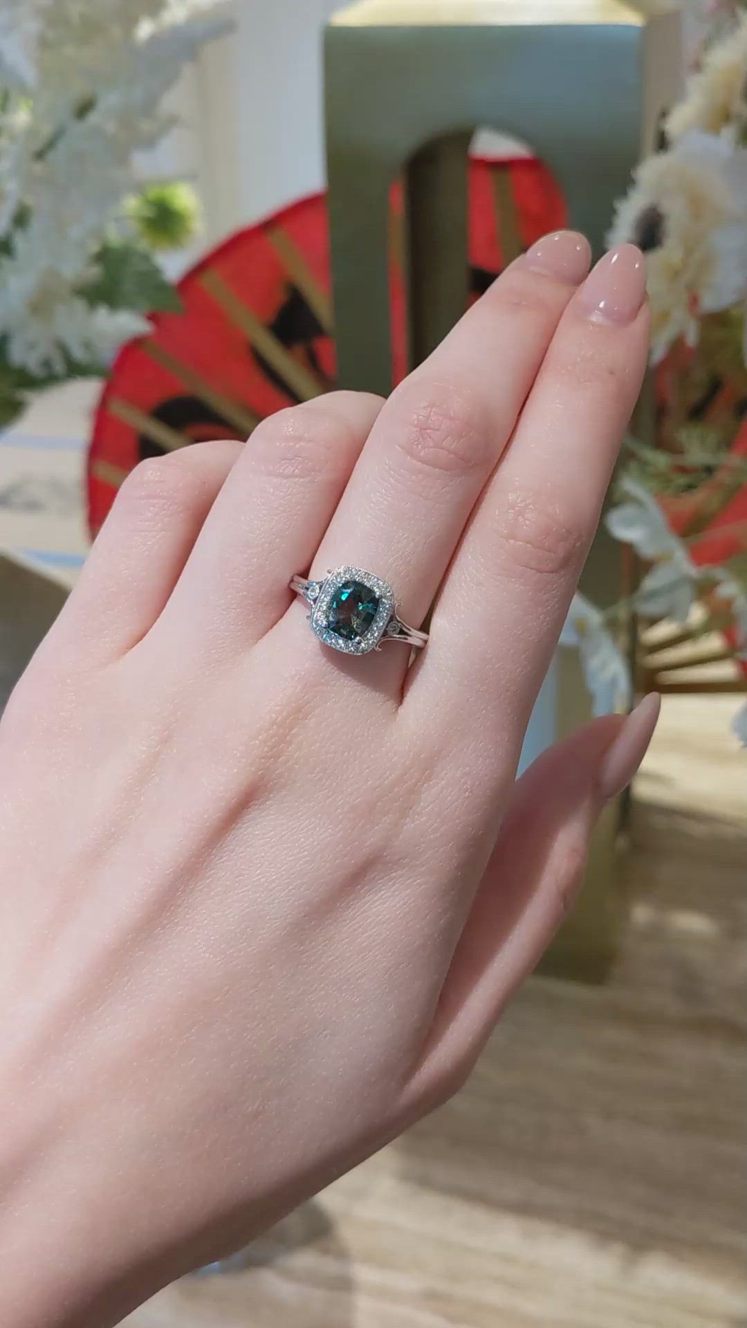 1.71 Ct. Green Sapphire and Natural Diamond Antique Style Ring, 14K White Gold Size Video