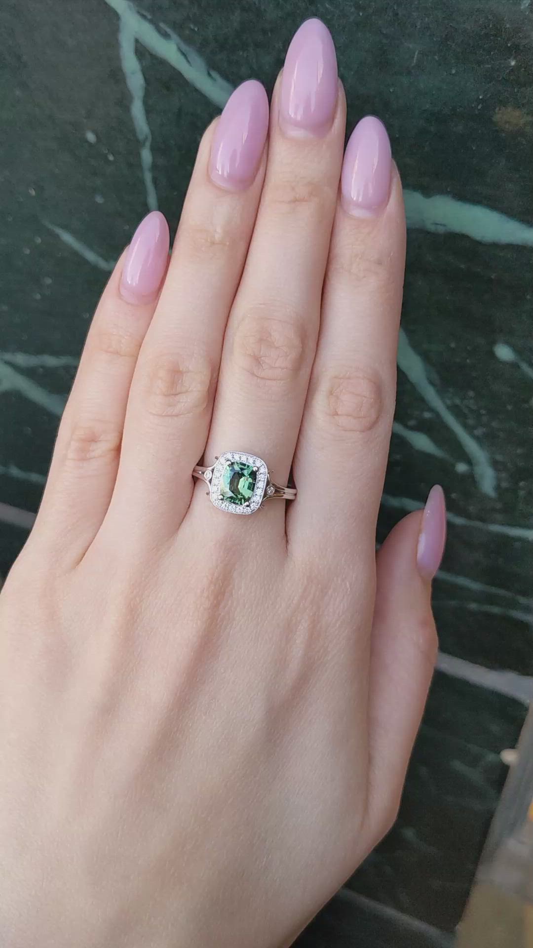 1.71 Ct. Green Sapphire and Natural Diamond Antique Style Ring, 14K White Gold Size Video