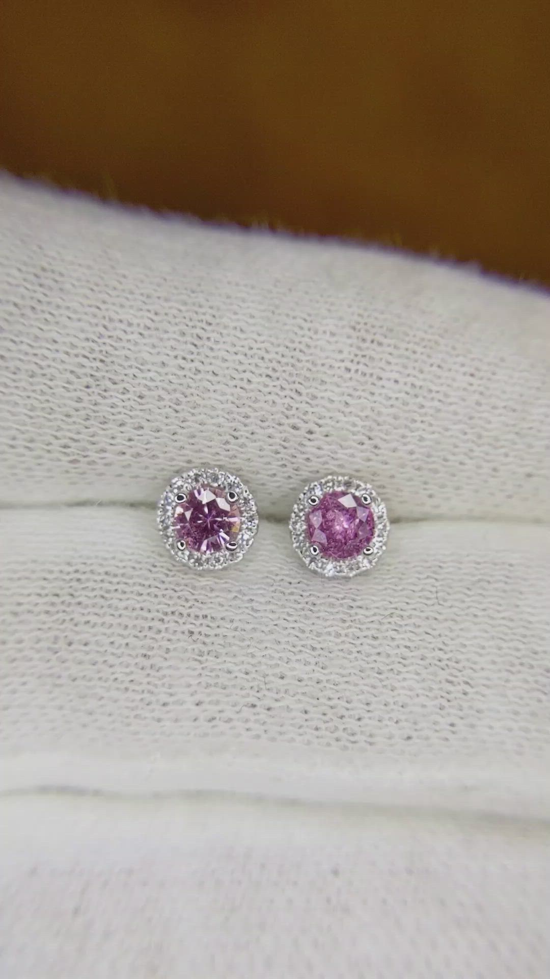 0.38 Ct.Tw. Pink Sapphire and Natural Diamond Pave Earrings, 18K White Gold Size Video