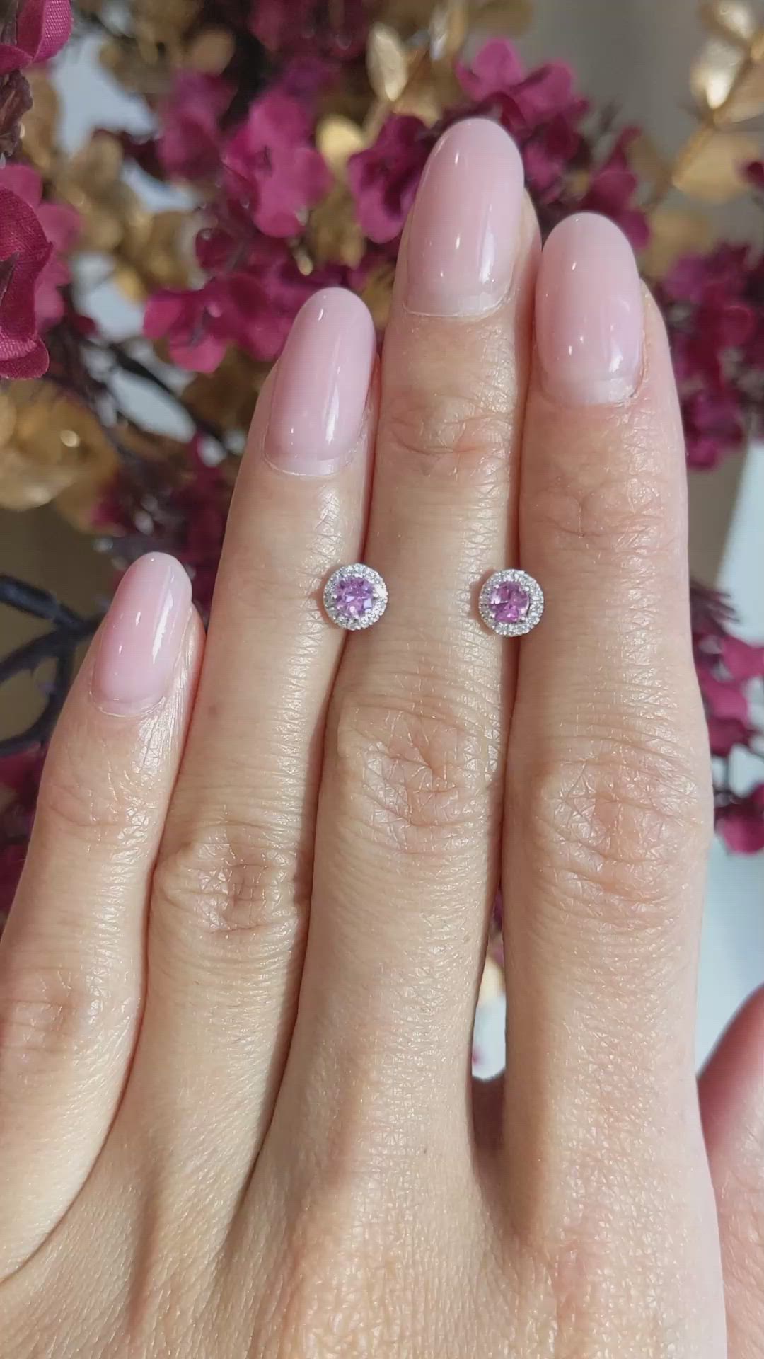 0.38 Ct.Tw.Total Carat Weight Pink Sapphire and Natural Diamond Pave Earrings, 18K White Gold Size Video