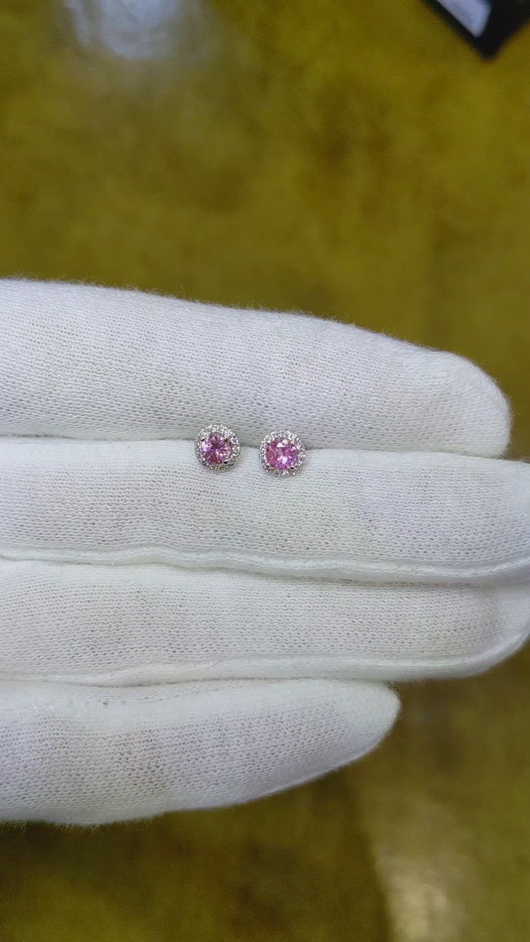 0.38 Ct.Tw. Pink Sapphire and Natural Diamond Pave Earrings, 18K White Gold Size Video