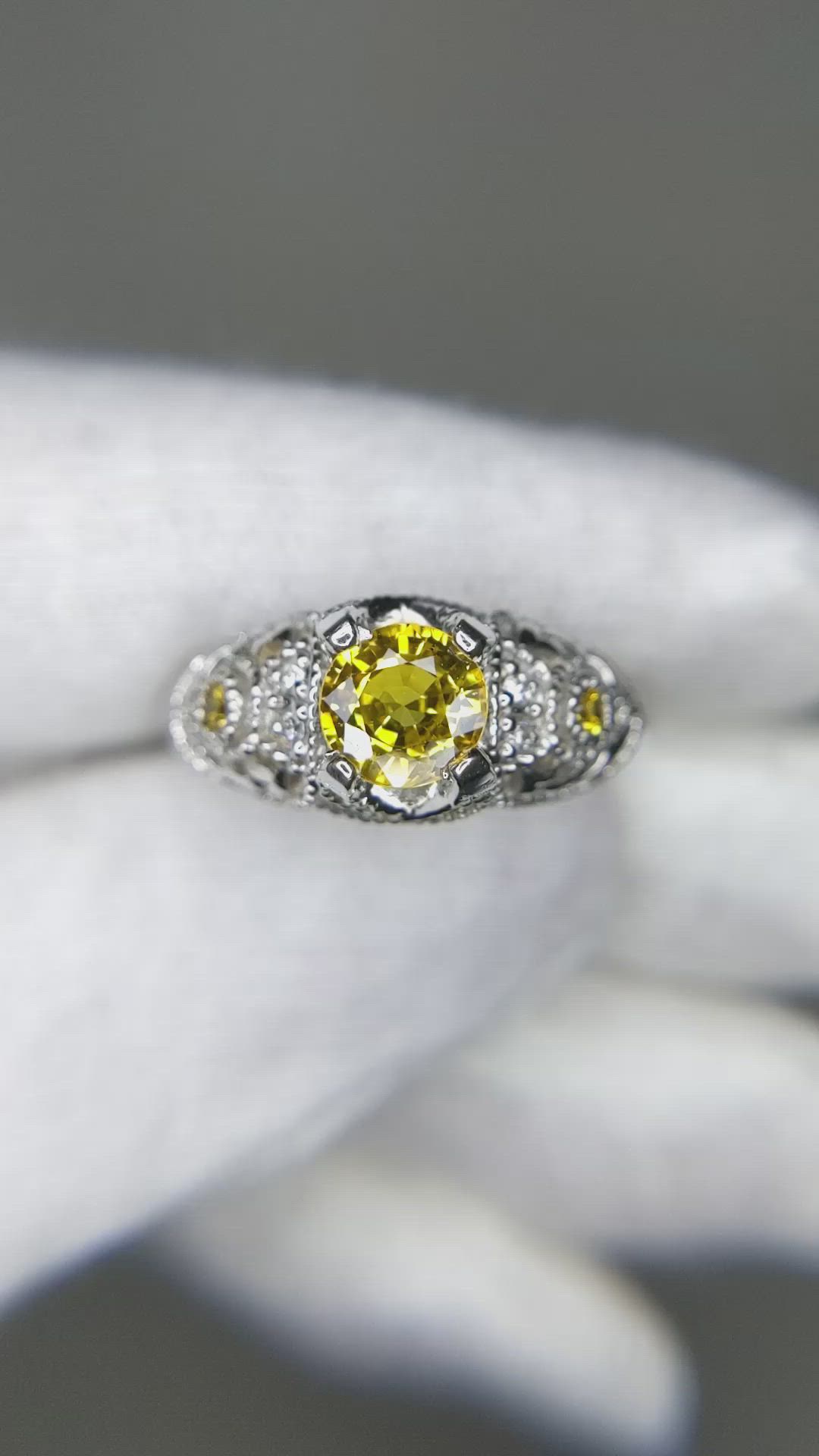 1.11 Ct. Yellow Sapphire and Natural Diamond Antique Style Ring, 14K White Gold Size Video
