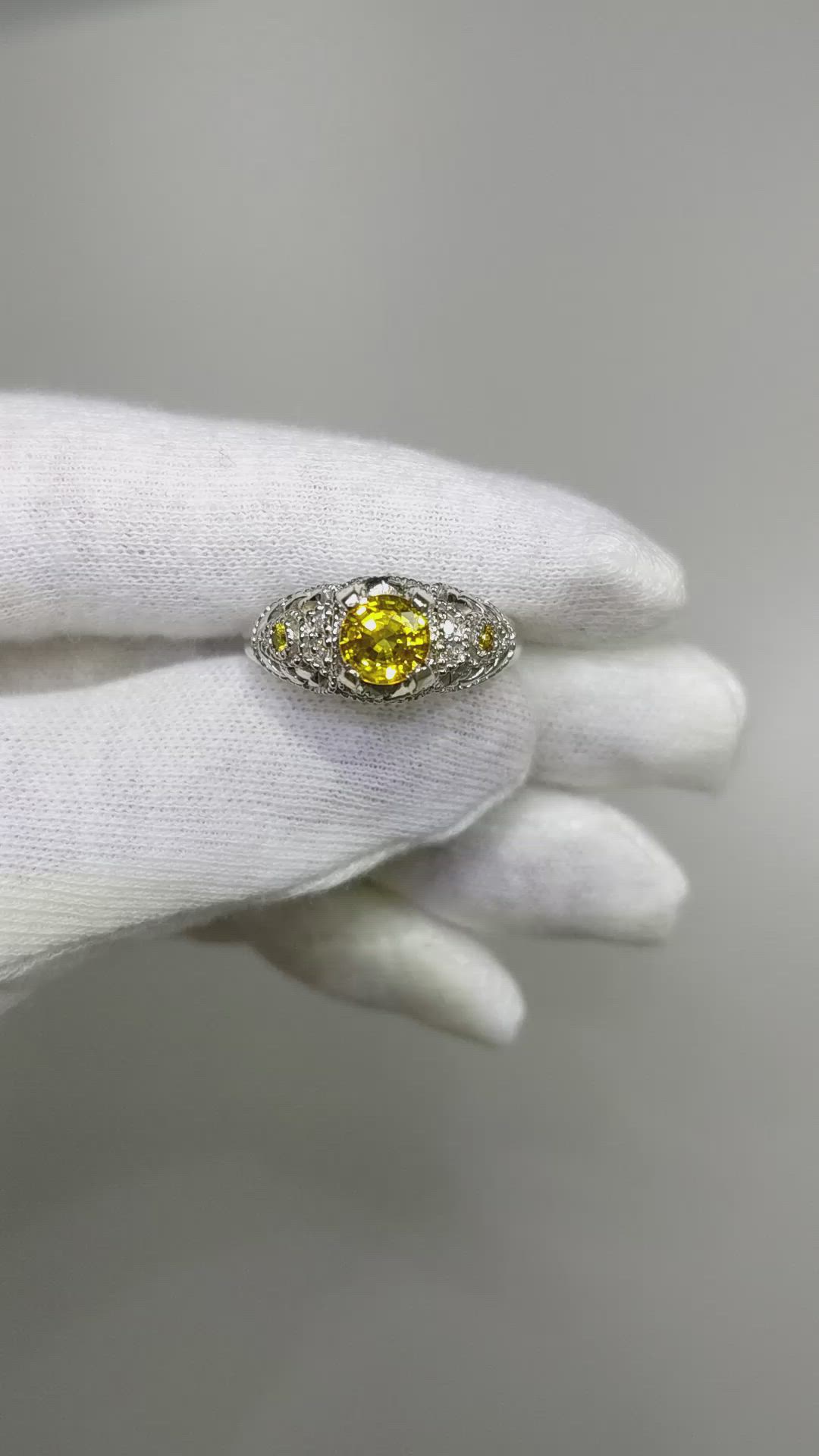 1.11 Ct. Yellow Sapphire and Natural Diamond Antique Style Ring, 14K White Gold Size Video