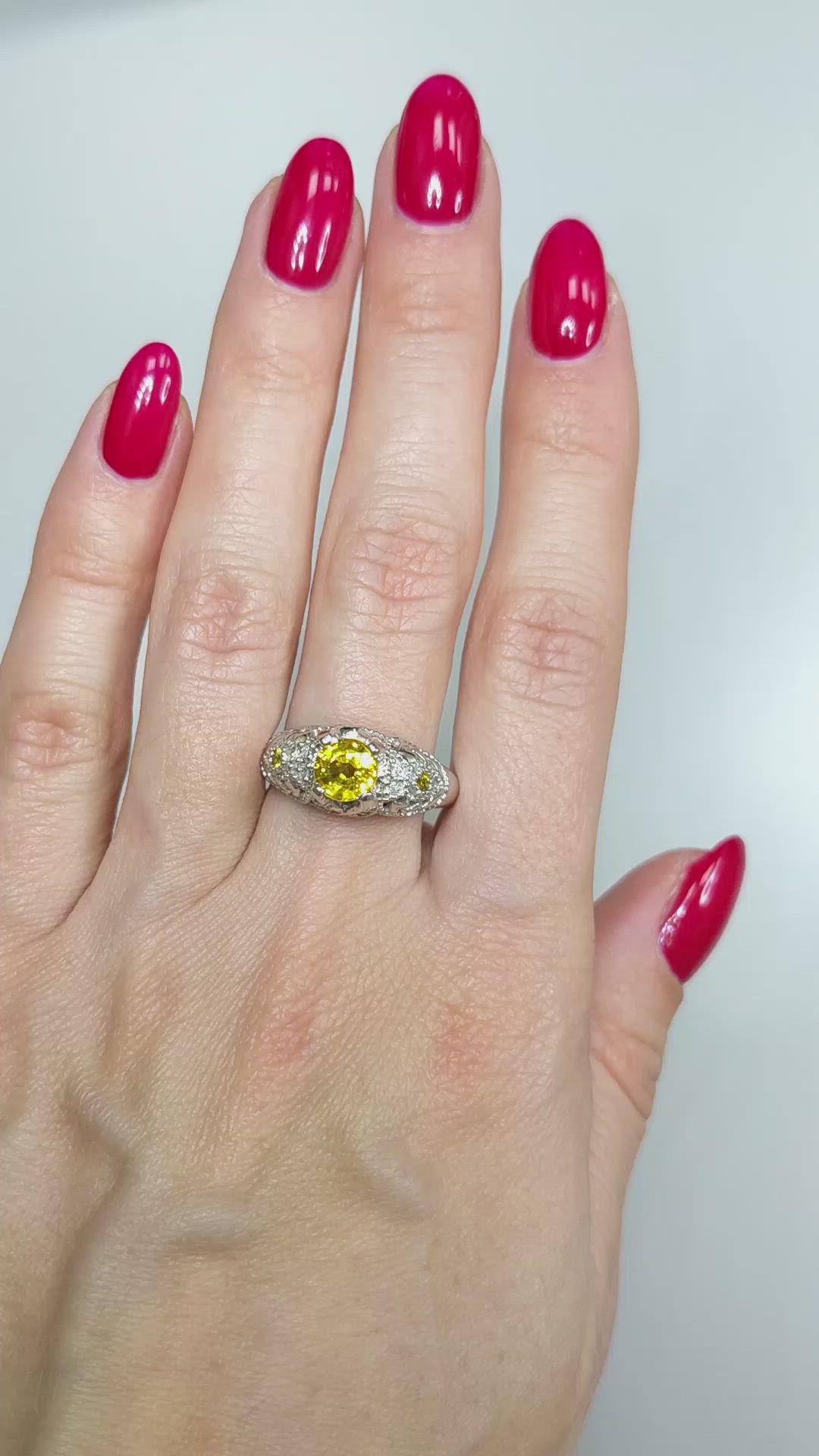 1.11 Ct. Yellow Sapphire and Natural Diamond Antique Style Ring, 14K White Gold Size Video