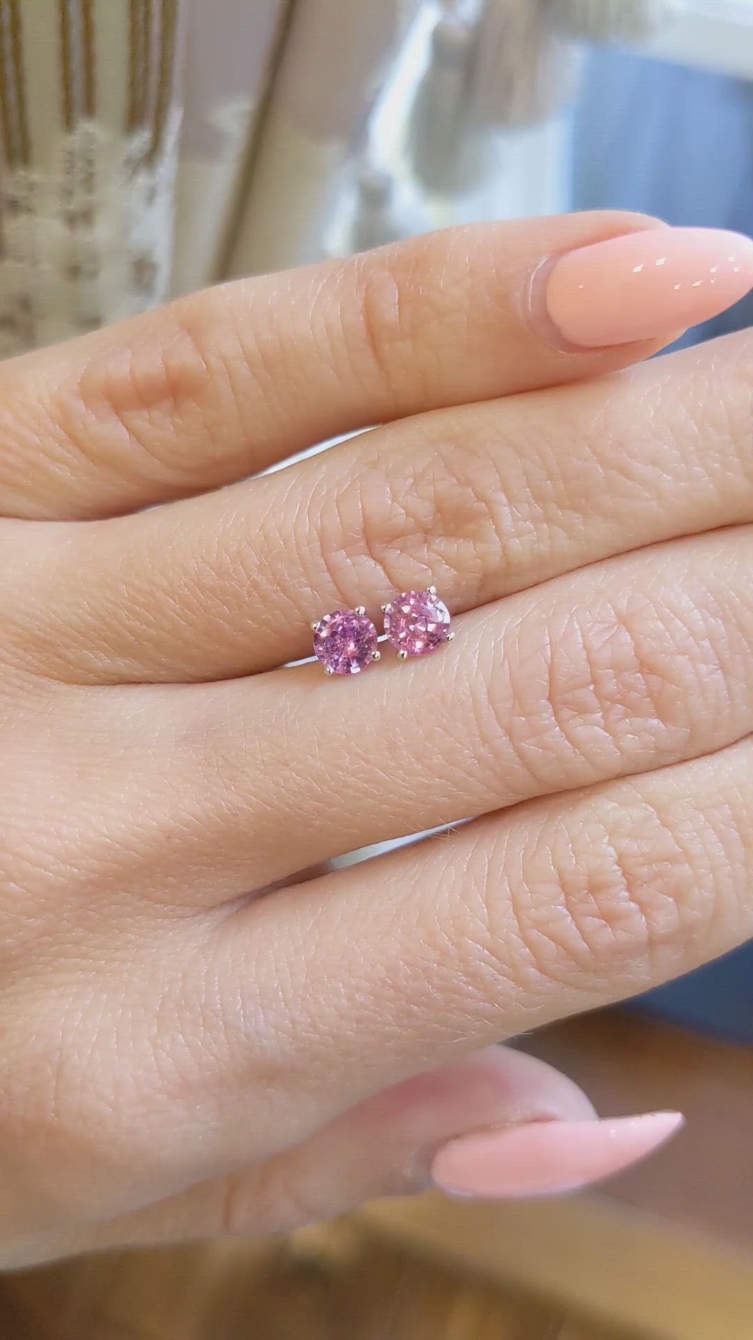 0.85&nbsp;Ct.Tw.Total Carat Weight Pink Sapphire Studs Earrings, 14K White Gold Size Video
