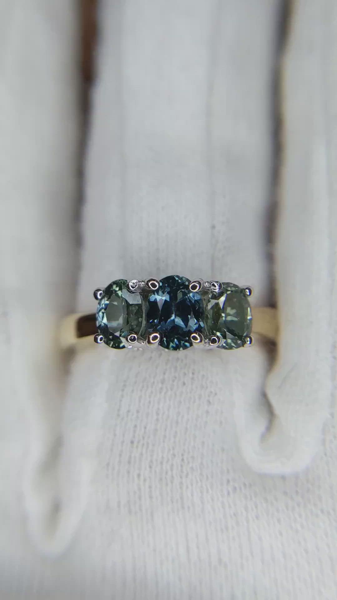 0.63 Ct. Greenish Blue Sapphire and Green Sapphire Three Stone Ring, 14K Yellow Gold Size Video