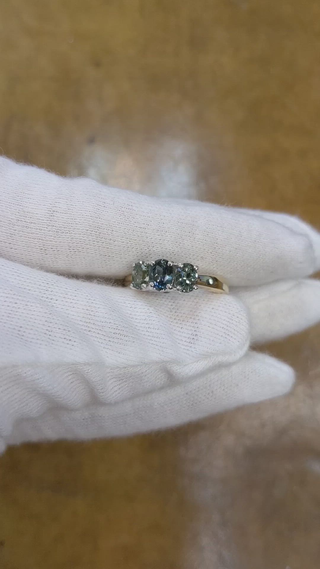 0.63 Ct. Greenish Blue Sapphire and Green Sapphire Three Stone Ring, 14K Yellow Gold Size Video