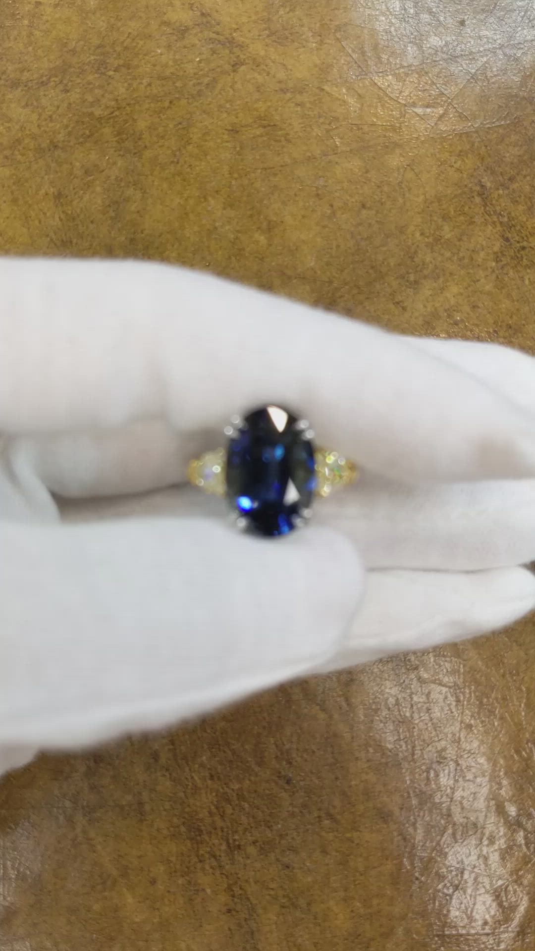 9.08 Ct. Blue Sapphire and Yellow Natural Diamond Three Stone Ring, Platinum & 18K Yellow Size Video