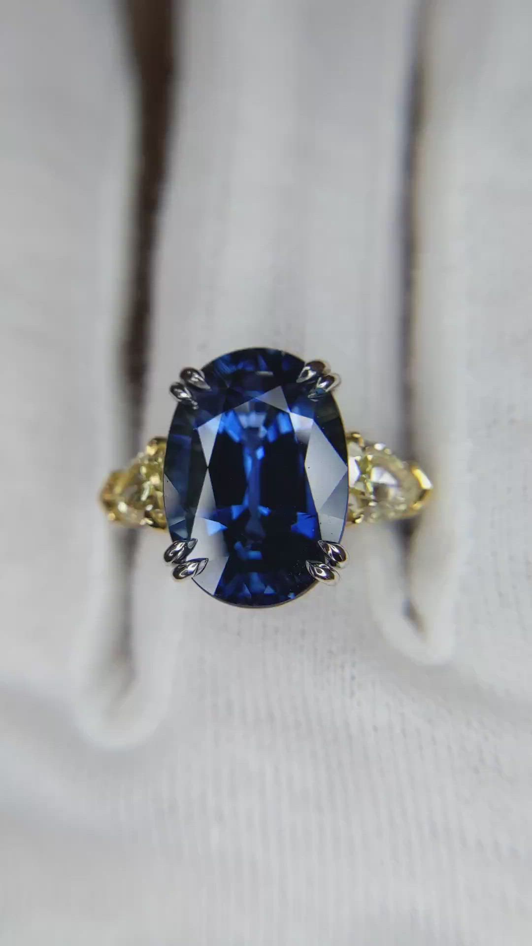 9.08 Ct. Blue Sapphire and Yellow Natural Diamond Three Stone Ring, Platinum & 18K Yellow Size Video