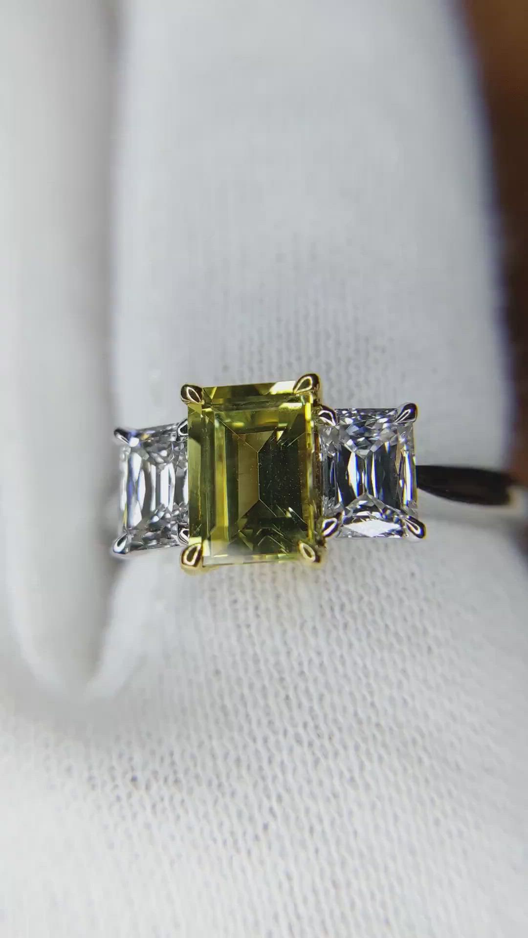 1.37 Ct. Yellow Sapphire and Natural Diamond Three Stone Ring, Platinum & 18K Yellow Size Video