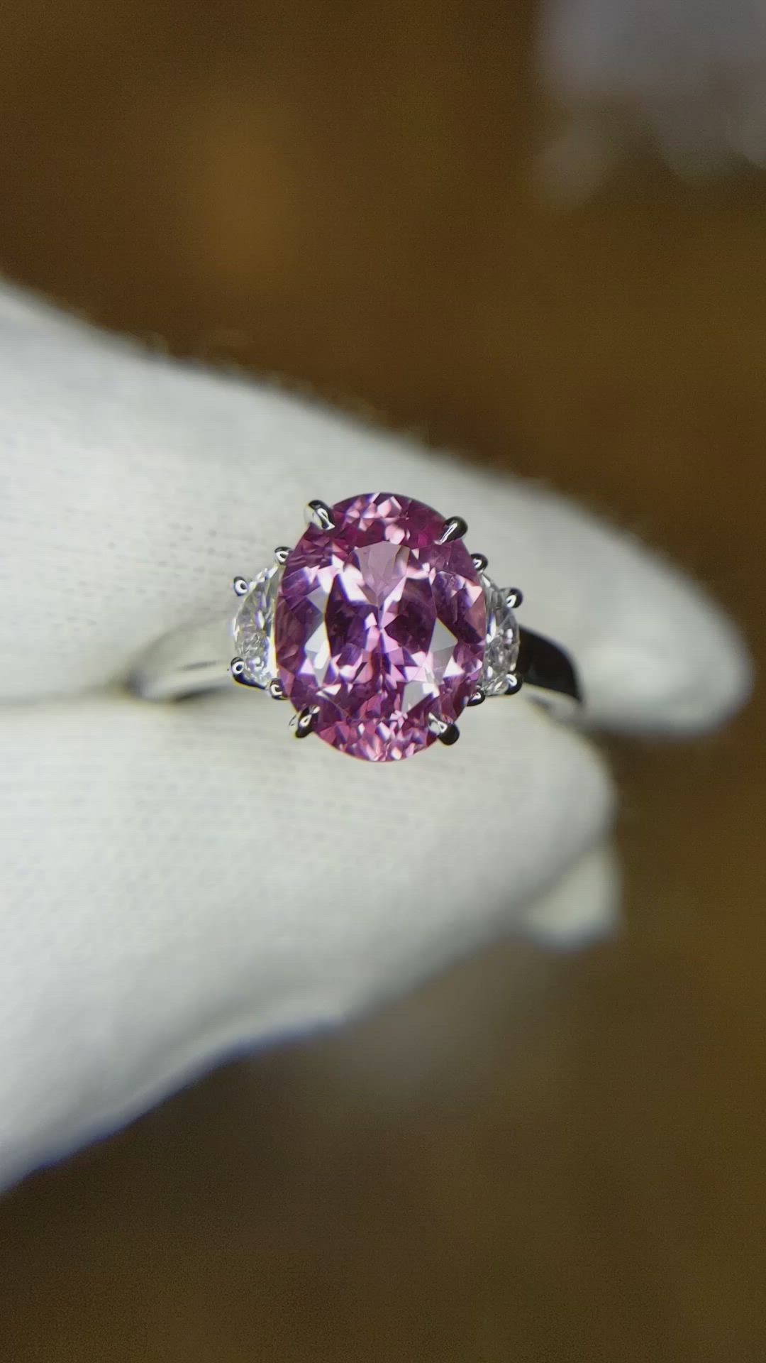 3.21 Ct. Pinkish Purple Sapphire and Natural Diamond Three Stone Ring, Platinum 950 Size Video