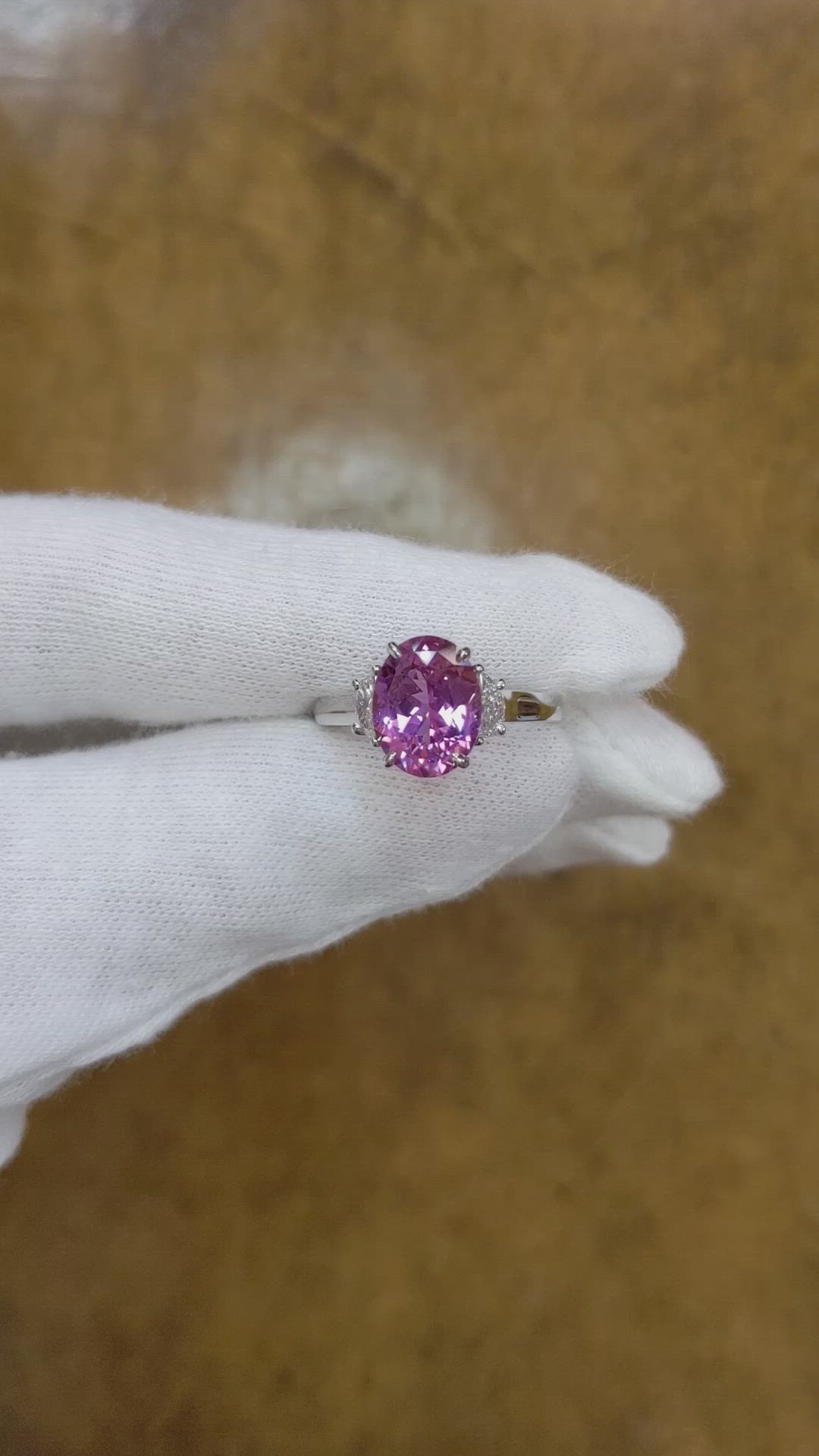 3.21 Ct. Pinkish Purple Sapphire and Natural Diamond Three Stone Ring, Platinum 950 Size Video